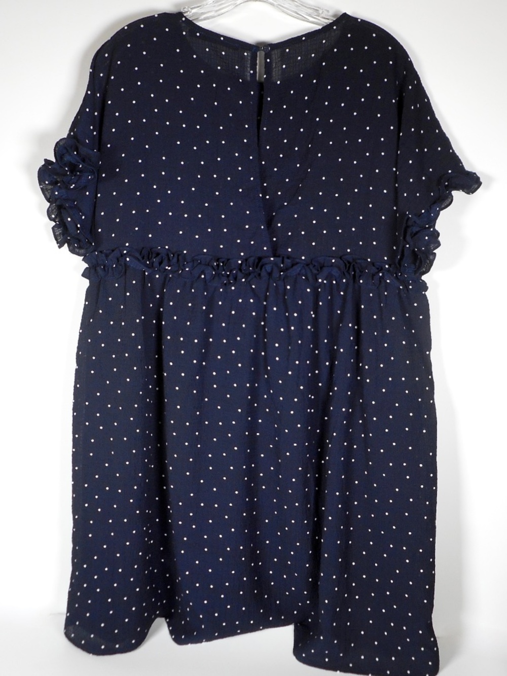 Doe & Rae Navy Blue Sz M White Polka Dot Baby Doll Dress Ruffle Sleeves NWOT